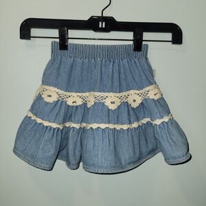 Vtg Baby Boxers Denim Ruffle Skirt Size 2T USA Made 100% Cotton EUC Crochet Trim